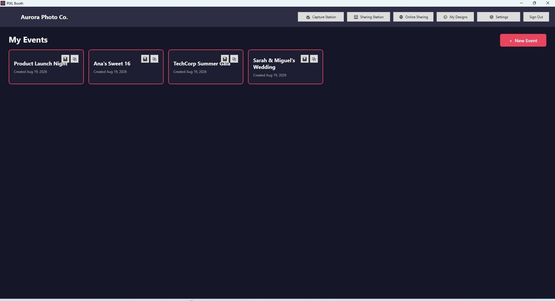 PIXL Booth dashboard showing a list of events