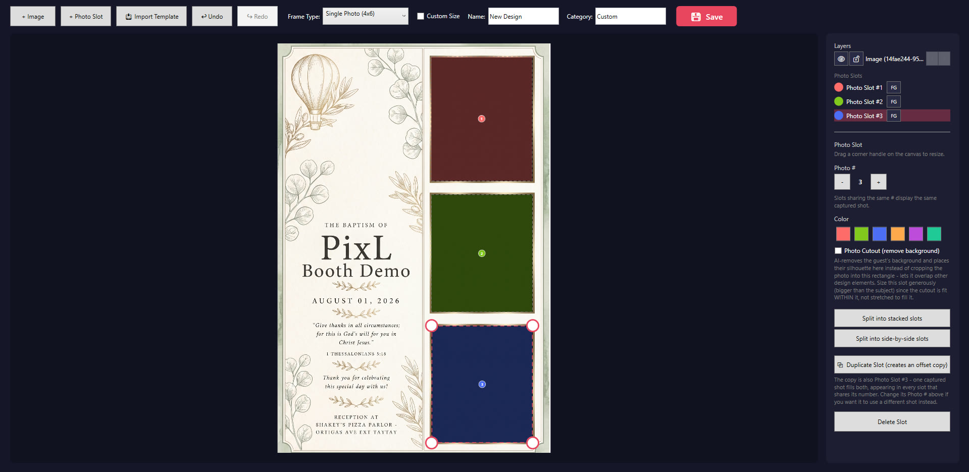 Frame Designer showing a custom wedding template with photo slots